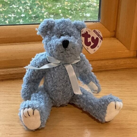 Ty Blue Beary Plush Teddy Bear - The Attic Treasures Collection - Blue & White - - Picture 1 of 4